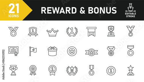 Reward and bonus line icon set. Set of 21 outline icons related to reward, bonus, award, medal, gift, prize, trophy and others. Editable stroke. Vector illustration.