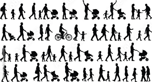Large Bundle of Family Silhouettes Featuring Parents with Baby Strollers Walking with Toddlers and Riding Bicycles Isolated on White Background
