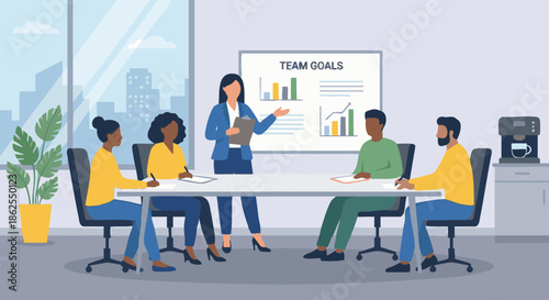 “Human resources specialist leading a small team meeting in a conference room, people seated around a table, presentation board visible, flat vector illustration,