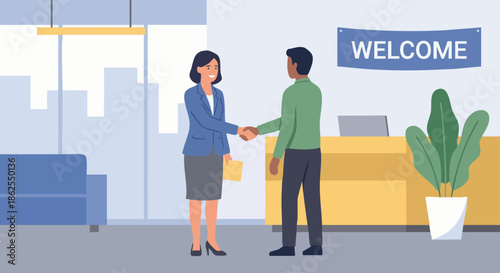 “Human resources specialist welcoming a new employee on their first day, handshake gesture, office lobby background simplified, flat vector illustration,