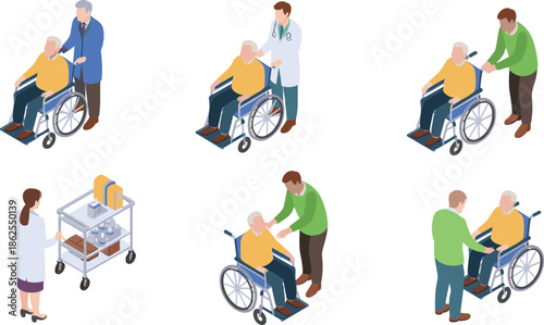 Isometric elderly care scenes with wheelchair assistance by doctors and caregivers, senior healthcare support, medical service illustration set