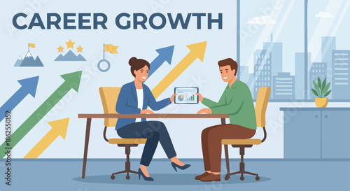 “Human resources specialist discussing career growth with an employee, upward arrows and goal icons in the background,