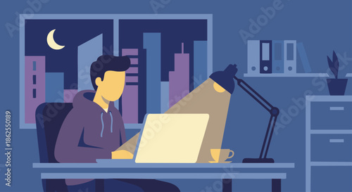 “Startup founder working late at a desk with a laptop, coffee cup beside, city skyline visible through window as flat shapes, flat vector illustration, solid colours only, calm night work atmosphere, 
