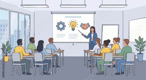 “Human resources specialist giving a training presentation to employees, projector screen with icons, classroom-style office room, flat vector illustration, solid colours only, minimal details, modern