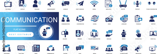 Communication and chat solid icon set for business message, feedback, and social connection in flat vector style.