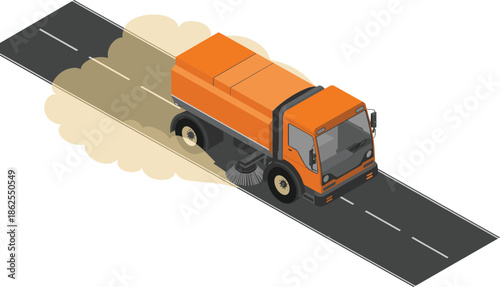 Isometric street cleaning truck sweeping road with rotating brushes, municipal service vehicle, urban sanitation, road maintenance illustration