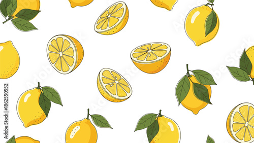 Seamless pattern with hand-drawn yellow lemons, featuring whole fruits with green leaves and sliced citrus halves on a fresh white background.