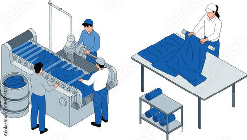 Isometric textile manufacturing process with workers operating fabric machines and folding cloth, garment factory production, industrial illustration