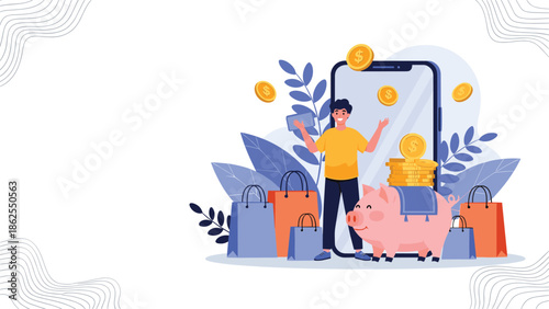 Man with shopping bags and a piggy bank next to a large smartphone, illustrating online savings, mobile banking, and e-commerce cashback.