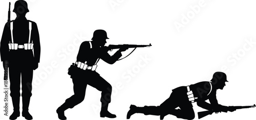 World War soldier silhouettes aiming rifle, military infantry poses, armed troops illustration isolated on white background for historical design use