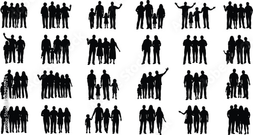 Large Bundle of Family Silhouettes Including Parents Holding Hands with Children and Toddlers in Diverse Poses Isolated on White for Graphics