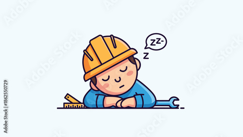 Tired construction worker sleeping on the job with tools nearby.