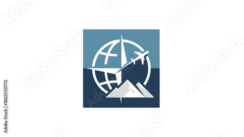 Travel agency logo featuring a globe, airplane, and mountain, representing global adventures and exploration.