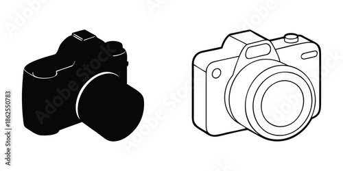 Professional DSLR Camera Vector Icons with Line Art and Silhouette Illustration