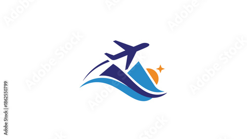 Travel agency logo featuring an airplane soaring over mountains and waves, representing adventure.