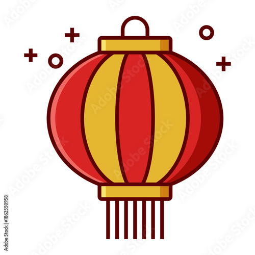 Red and gold Chinese lantern icon with tassel and sparkles isolated on transparent background.