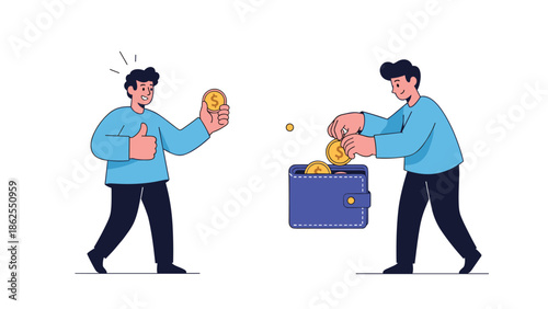 A two-part illustration showing one man happily holding a coin while another man puts coins into a large wallet, depicting saving money.