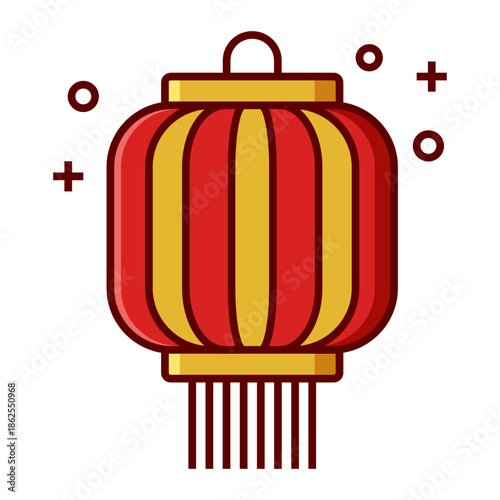 Red and gold Chinese lantern with tassel and sparkles icon isolated on transparent background.
