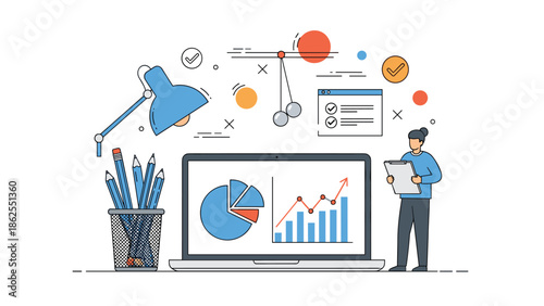 A business analytics concept with a woman reviewing data on a clipboard next to a laptop displaying charts and graphs on the screen.