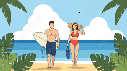 A young couple walking on a tropical beach during their summer vacation, with the man carrying a surfboard and woman in a bikini.