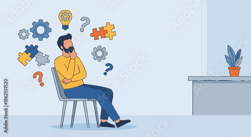 “Startup founder sitting thoughtfully with gears and puzzle icons around the head, concept of problem solving and strategy, flat vector illustration