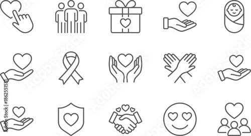 Love care and charity line icon set with heart hands people protection gift and kindness symbols isolated