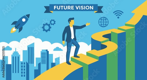 “Startup founder standing confidently on an upward path or staircase, city and technology icons in the background, flat vector illustration