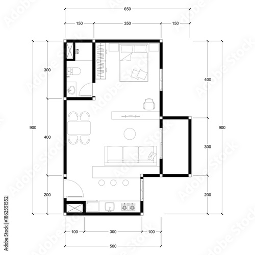 Black and White floor plan of a modern unfurnished house for your design. Suburban house vector blueprint. Architectural background.