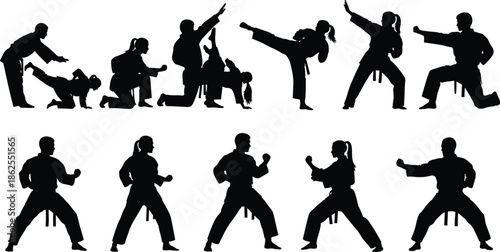 Set of Ten Fighters Training and Striking Dynamic Combat Poses and Kicks.