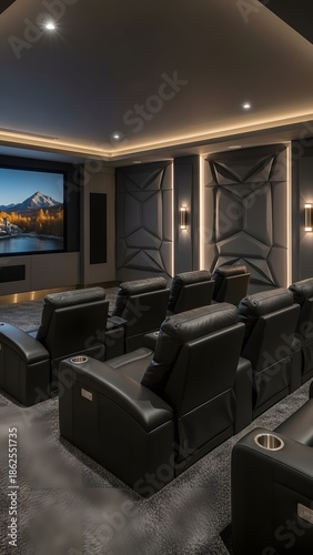 a luxurious home theater features comfortable leather recliners a large screen and sophisticated lighting for an immersive cinematic experience high quality