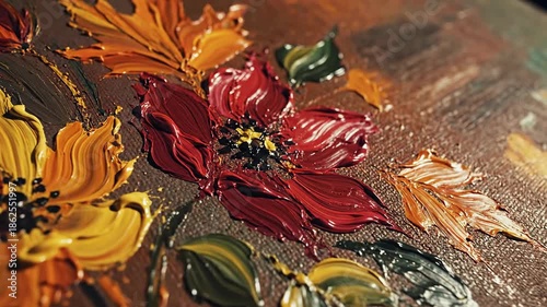 A vibrant close-up captures the rich, textural beauty of an impasto oil painting depicting autumnal flowers and leaves. Thick, expressive brushstrokes bring the canvas to life with a palpable three-di