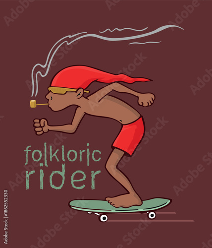 Cartoon-style illustration of Saci, a Brazilian mythological figure, riding a skateboard.