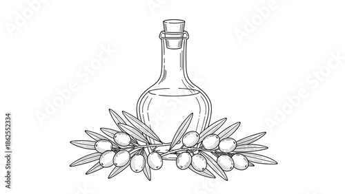 A black and white line art illustration of a glass bottle of olive oil with a cork, nestled in a branch of fresh olives.