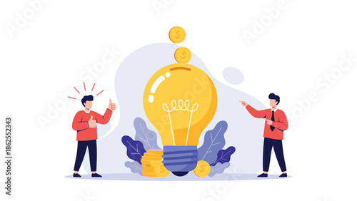 Two businessmen celebrate a successful investment in a new idea, putting coins into a large lightbulb that acts as a piggy bank.