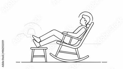 Man relaxing in a rocking chair with feet on stool line art.
