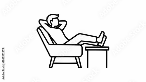 Man relaxing in armchair with feet up on table line art.