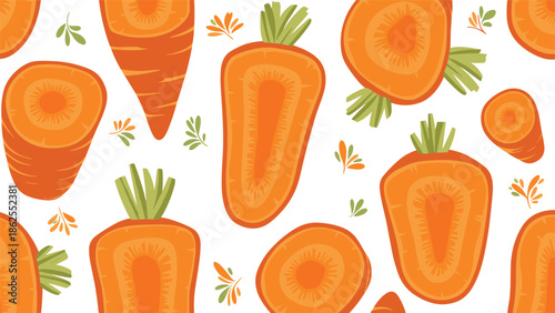 A bright and healthy seamless pattern of cartoon carrots, showing whole vegetables, cross-sections, and slices on a white background.