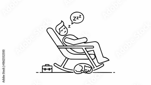 Man sleeping in rocking chair with cat and briefcase.