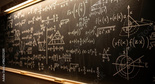 A chalkboard filled with complex mathematical formulas and diagrams in white chalk