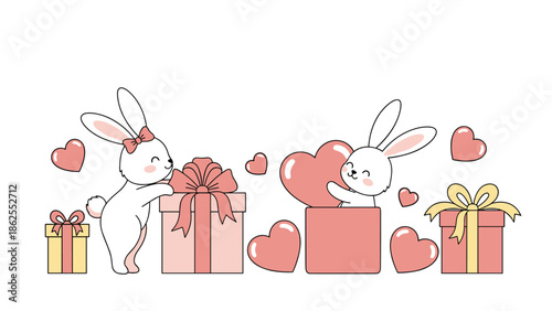 Two adorable white cartoon bunnies with gift boxes and hearts, perfect for Valentine's Day, anniversaries, or romantic celebration banners.