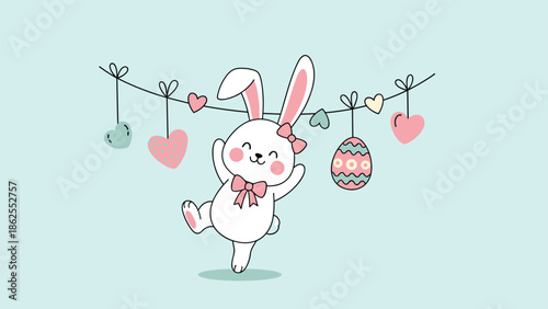A cute cartoon bunny with a pink bow dancing happily under a garland of colorful hearts and a decorated Easter egg.