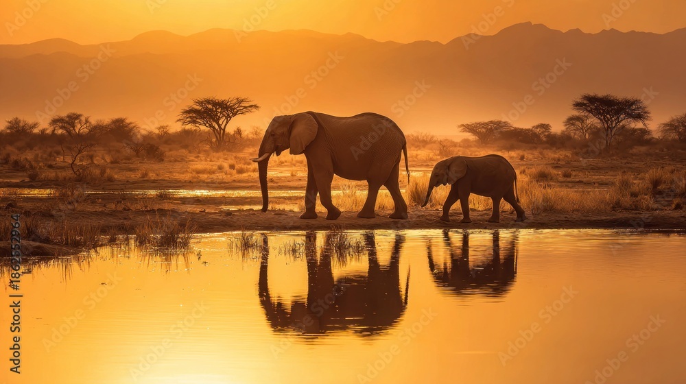 Obraz premium Elephants walk by water at sunset landscape with reflection in the golden hour