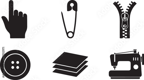 Sewing and Tailoring Vector Icons Set. Silhouette Symbols including Sewing Machine, Safety Pin, Zipper, Button, and Hand.