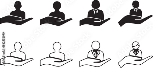Customer Care and Human Resources Icons Set. Hand Holding Person Symbols for Recruitment, Support, and Service.