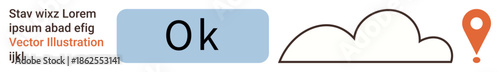 Digital navigation, cloud computing, data management, location services, tech interfaces, online tools. Includes a cloud, map pointer and OK button. Digital navigation and cloud computing concept