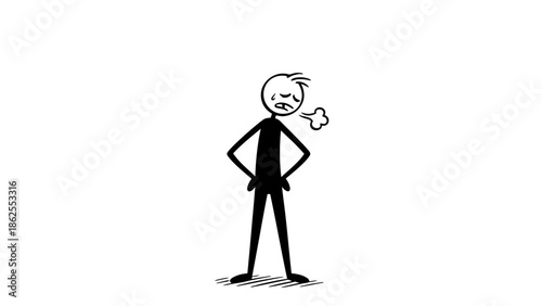 Tired Stick Figure Character Sighing Deeply with Hands on Hips, Feeling Exhausted and Annoyed, isolated white background.