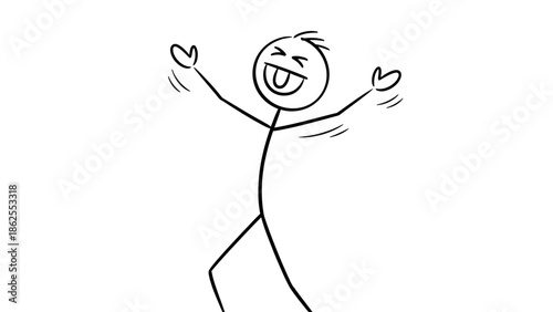 Happy Stick Figure Man Cheering Enthusiastically with Arms Open Wide and a Big Smile on an Isolated White Background