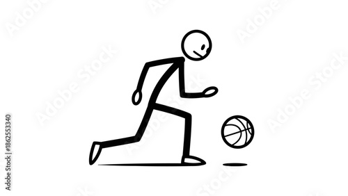 Stick Figure Character Dribbling Basketball while Running, Sport Activity, isolated white background.