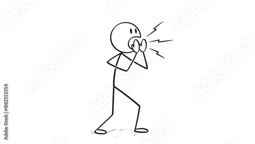 Angry Stick Figure Man Shouting with Frustration and Covering Ears on Isolated White Background