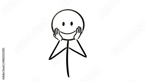 Happy Stick Figure Man Smiling and Resting Face in Hands with Contentment on Isolated White Background